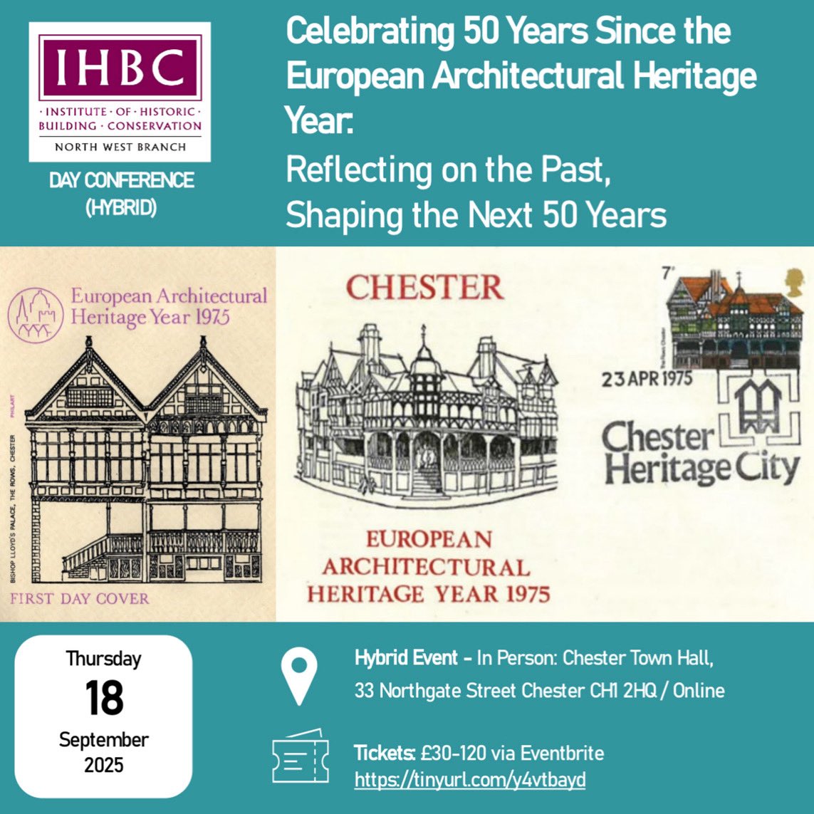 🚨 IHBC North West Branch Conference - Thursday 18th September 🚨 

Join us at Chester Town Hall on 18th September for a day celebrating the 50th anniversary of the European Architectural Heritage Day.

🎟️ tinyurl.com/y4vtbayd

@IHBCtweet