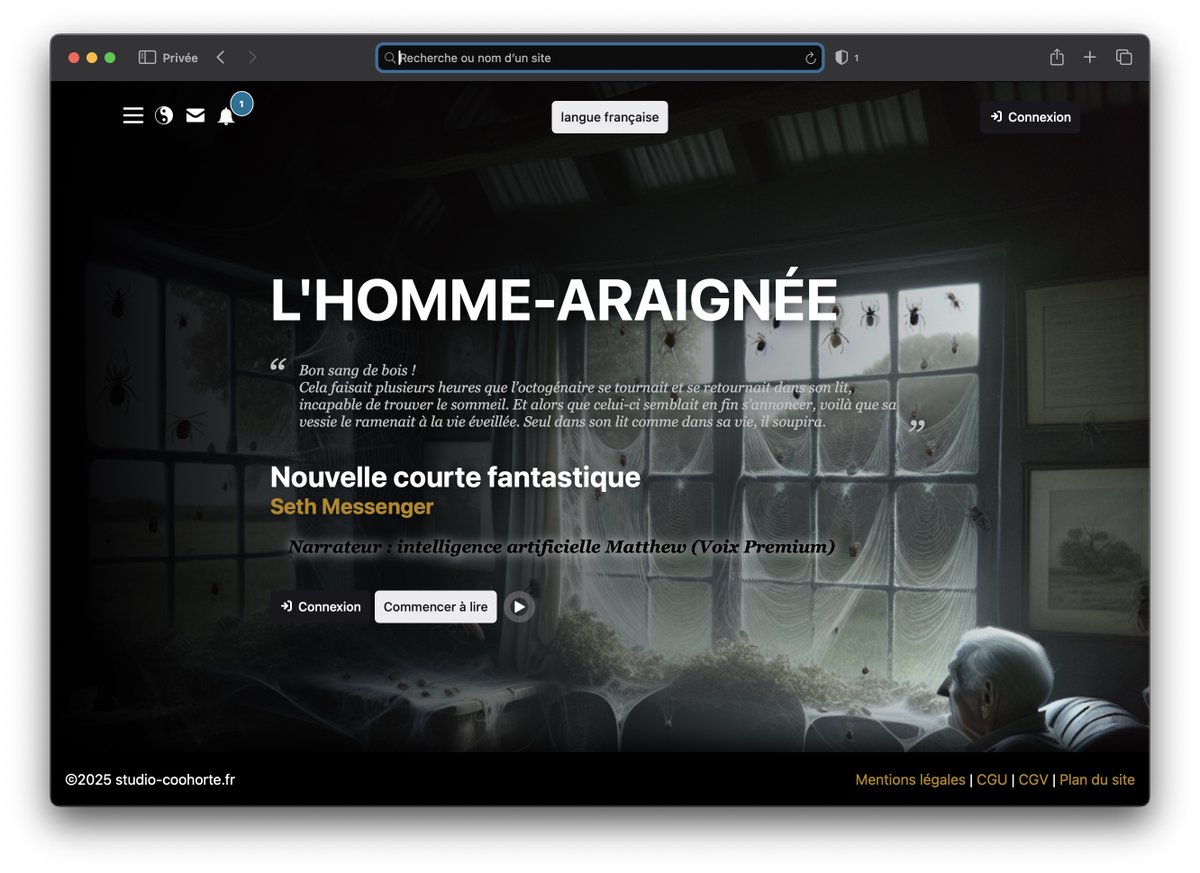 CoohorteStudio's tweet image. 🕷️ Et si L’Homme-Araignée n’était pas qu’un héros de fiction ?
Plongez dans une nouvelle inédite, entièrement narrée en audio premium pour une immersion totale.
🎧 Écoutez ici 👉 studio-coohorte.fr/fr/nouvelles/l…

#AudioStory #Immersion #Fiction #TextToSpeech #TTS #10minutes #Demo