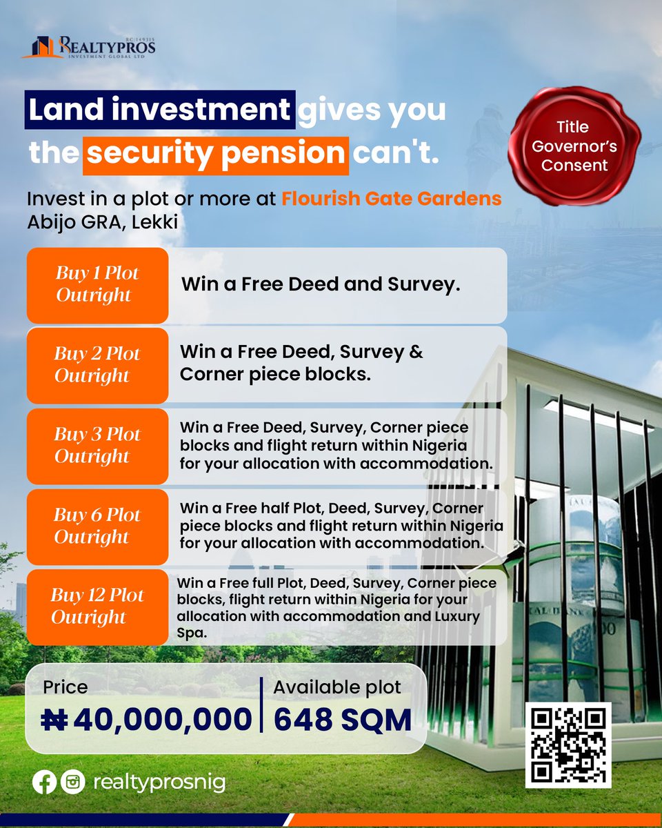RealtyprosL's tweet image. Step into a season of life where your tomorrow feels as secure as the land beneath your feet with 
an investment at 

Flourish Gate Gardens, Abijo GRA, Lekki

Available plot: 648 SQM starting price NGN 38,000,000. 

Title: Gorvenor's Consent

#realtypro #realtyprosassured #real