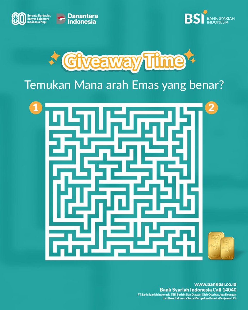 Bank Syariah Indonesia (@bankbsi_id) on Twitter photo Assalamu’alaikum, Sahabat Syariah!
Mau saldo e-wallet senilai 300K untuk 3 orang pemenang?
Caranya gampang :
1. Cari jalan arah menuju Emas yang benar!
2. WAJIB follow <a href="/bankbsi_id/">Bank Syariah Indonesia</a>
3. Like postingan ini & WAJIB share postingan ini
4. Tulis Jawaban kamu di kolom komentar Assalamu’alaikum, Sahabat Syariah!
Mau saldo e-wallet senilai 300K untuk 3 orang pemenang?
Caranya gampang :
1. Cari jalan arah menuju Emas yang benar!
2. WAJIB follow <a href="/bankbsi_id/">Bank Syariah Indonesia</a>
3. Like postingan ini & WAJIB share postingan ini
4. Tulis Jawaban kamu di kolom komentar