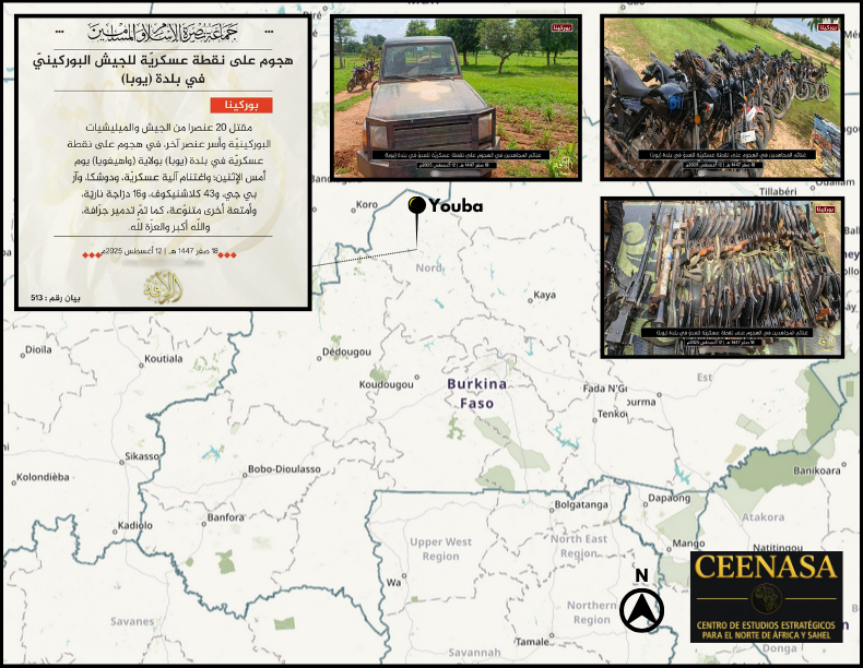 CEENASA396971's tweet photo. #BURKINA FASO 🇧🇫 

On Aug 12, the #JNIM claimed to have killed 20 soldiers during an attack on a military post in #Youba in #Ouahigouya Province last Monday.

Were seized:
- 1 HMG
- 1 RPG
- 43 ARs
- 16 motos
and more https://t.co/tIIZmGkdx5