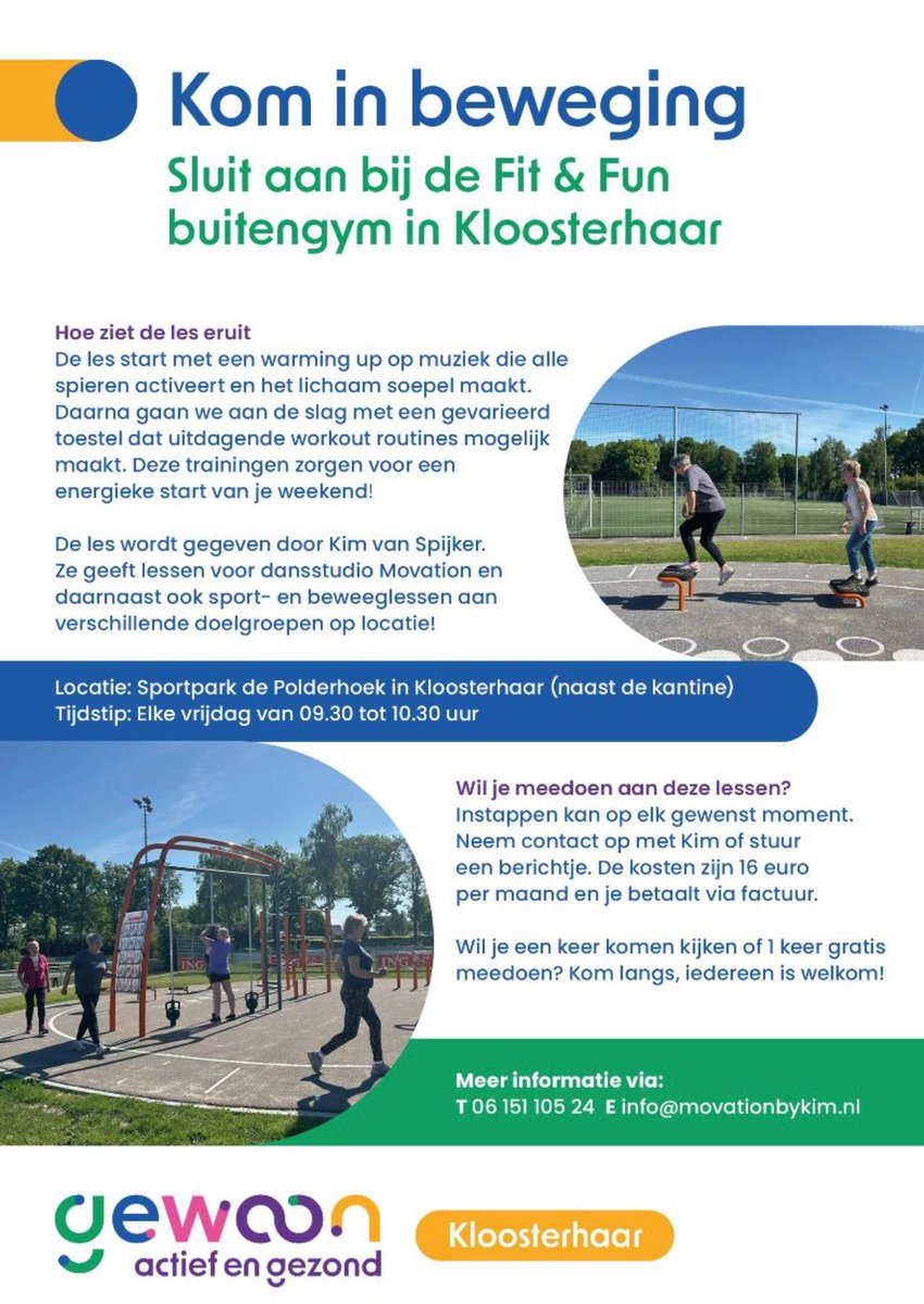 F I T &amp; F U N 
Kom ook in beweging💪
Vrijdag 5 september a.s. beginnen we weer. Kom een keer vrijblijvend kijken en/of (gratis) meedoen!
#gewoongezondkloosterhaar
#movationbykim 🪩🎶
#actief #gezond