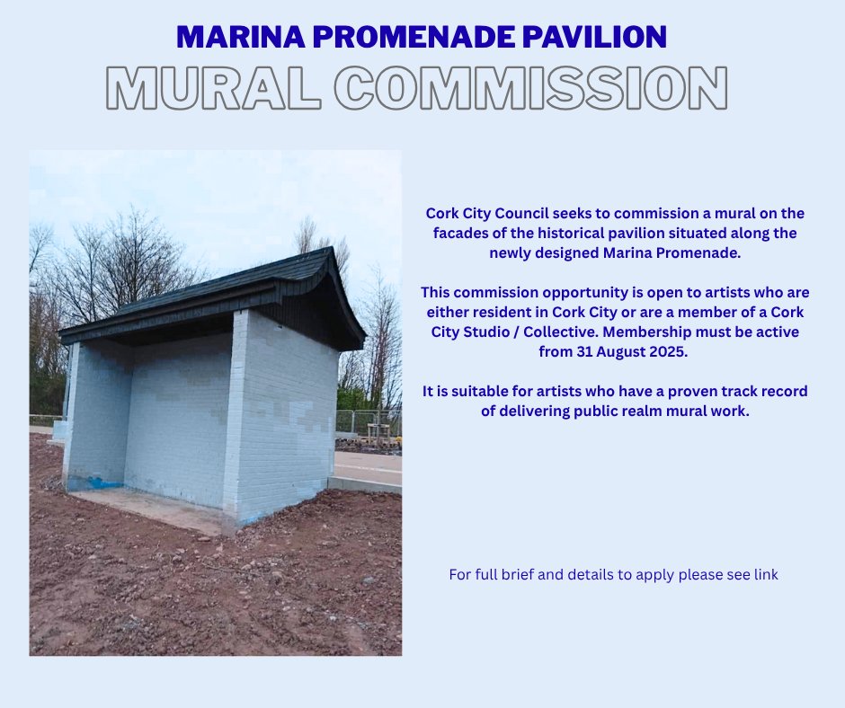 🎨 Open Call: Commission for a Mural at Marina Promenade Pavilion, Cork City
Cork-based artists/collectives invited to apply to celebrate the heritage of this historical pavilion
📅 Deadline: 8 Sept, 12pm
💻 Learn more &amp; apply: shorturl.at/595ky
<a href="/corkcitycouncil/">Cork City Council</a>