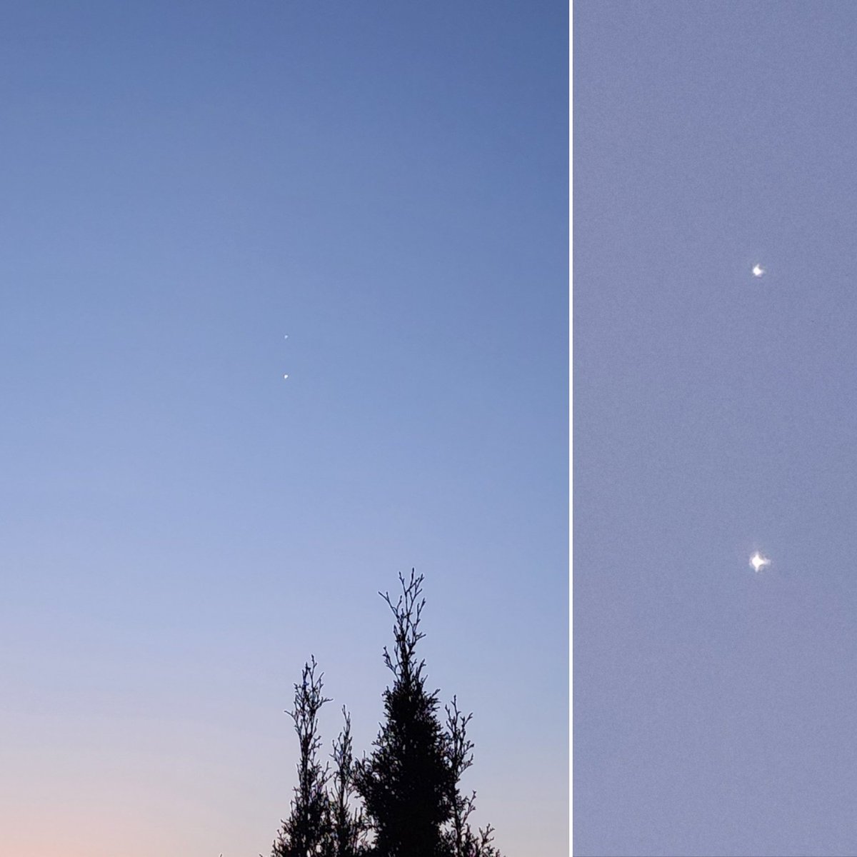 I missed the Jupiter-Venus conjunction yesterday morning. But they were still plenty close this morning to appreciate in the predawn sky.