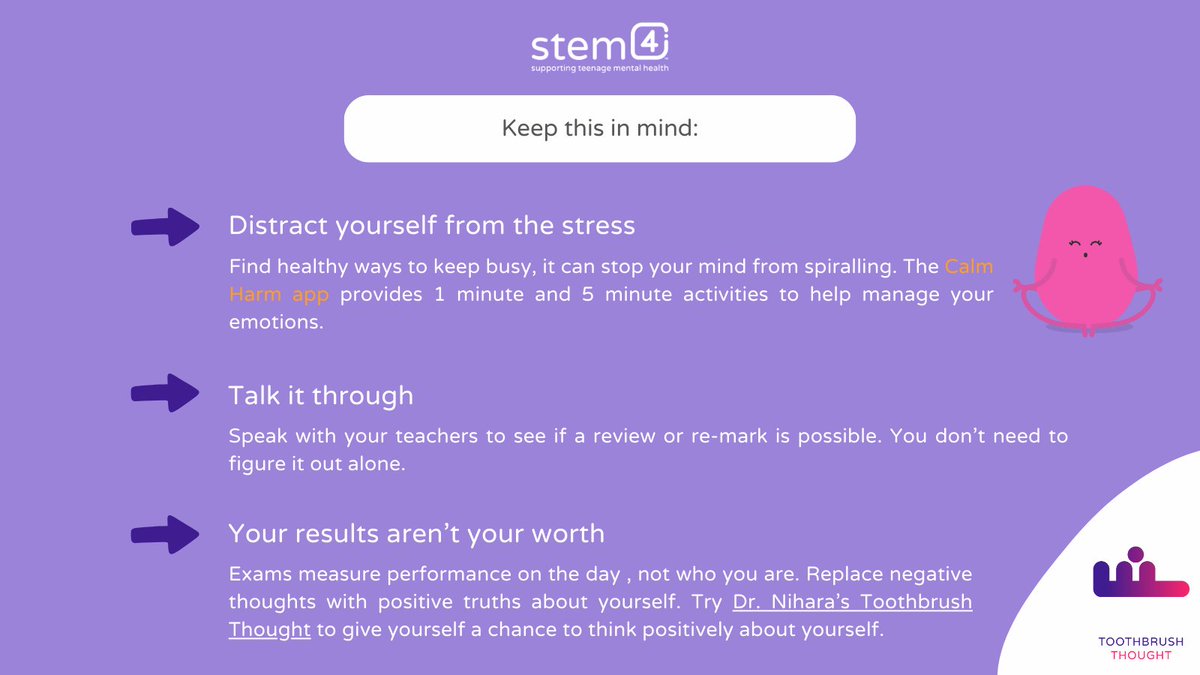 stem4org's tweet photo. Results are out! 💙 Whether you got what you hoped for or not here are some reminders!

If your emotions feel overwhelming, try @calmharmapp  for safe ways to manage difficult feelings.

Your results are just one step on your journey. 💪

#ResultsDay #ALevelResults #GCSEResults https://t.co/Ph8KYQcRc7