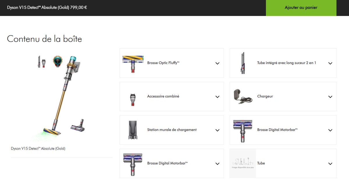 Laukyo's tweet photo. @Dyson 
I purchased a Dyson V15 Detect Absolute Gold from your website in France
Your page mentioned two Digital Motorbar™ brush bars (proof below), but I only received one.
Your customer service is refusing to ship or offer compensation. What do you plan to do?
#CustomerService https://t.co/d9T1XRqoRX