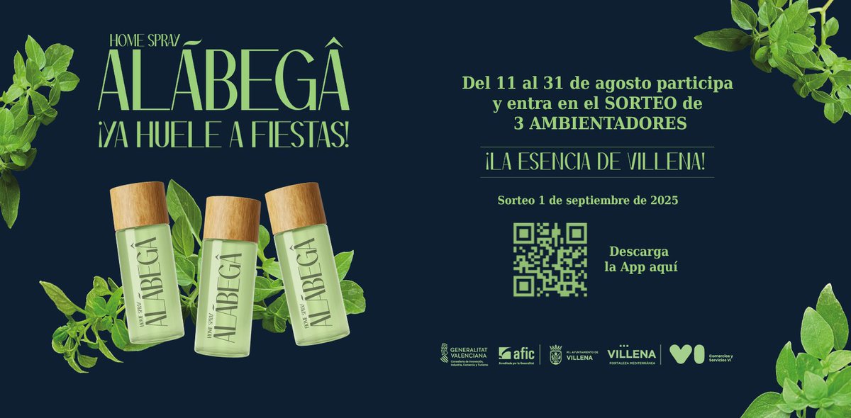 VideVillena's tweet photo. 🎉🌿 ¡Villena ya huele a #Fiestas!

Cuéntanos 👉 ¿A qué huelen para ti las Fiestas de Moros y Cristianos? y gana 1 de los 3 Home Spray Alábega 💚

📅 Hasta el 31/08

✅ Participa aquí: https://t.co/YWma5mg6l7 https://t.co/Mcg27euc6T