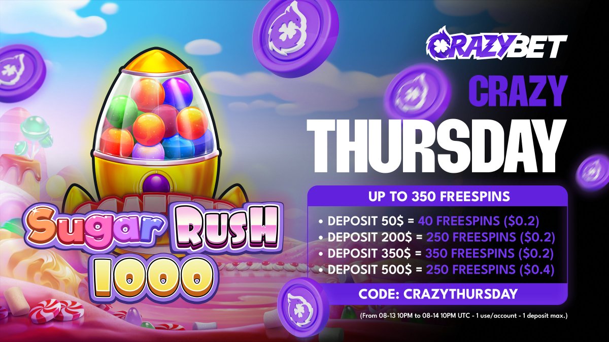 🍬 Crazy Thursday is LIVE! 🍬 Sugar Rush 1000

Today only, grab up to 350 Free Spins on Sugar Rush 1000 🍭💥

PLUS we’re dropping 50 No Deposit Spins to one sweet-toothed winner 👇

✨ Giveaway Entry:

✅ Like + RT

✅ Follow @CrazyBet

✅ Drop your @CrazyBet username

To claim
