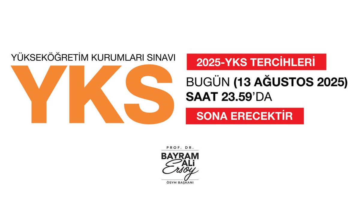Kıymetli kardeşlerim, 2025-YKS sonuçlarına göre yükseköğretim programlarına yerleştirme işlemleri bugün 23.59 itibariyle sona erecek. Tercih işlemlerinizi tamamlamanızı hatırlatır, sonuçların sizler, aileleriniz ve ülkemiz için hayırlı olmasını dilerim.