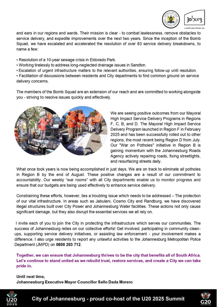 Good morning, residents of Johannesburg. I am pleased to announce my weekly newsletter, dedicated to keeping you informed.