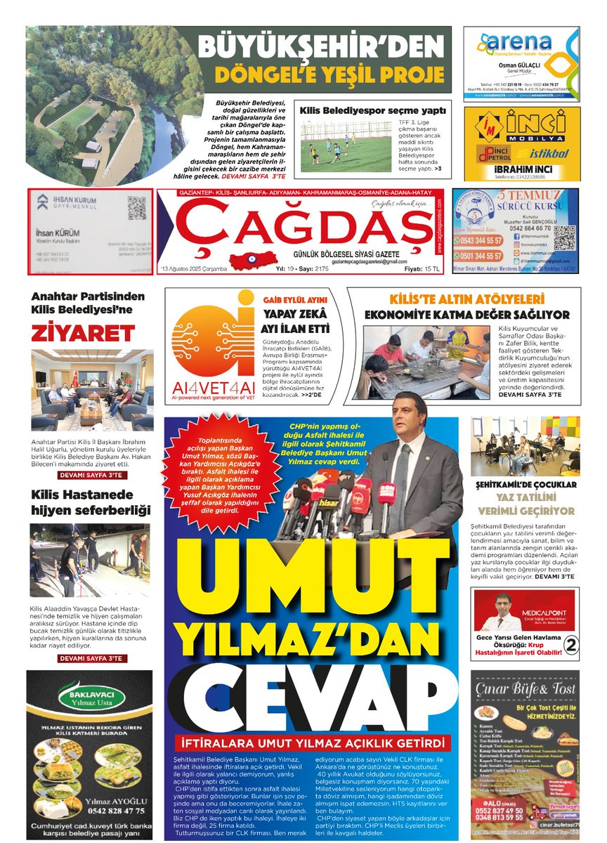 Çağdaş Gazetesi 1.sayfa <a href="/umutymz/">Av.Umut YILMAZ</a> <a href="/SehitkamilBel/">Şehitkamil Belediyesi🇹🇷</a> <a href="/hasanozturkmen/">Hasan Öztürkmen</a> <a href="/buyuksehirkm/">Kahramanmaraş Büyükşehir</a> <a href="/hayrettingng/">Hayrettin GÜNGÖR</a> <a href="/GaibGaziantep/">GAİB</a> <a href="/FikretKileci/">Fikret Kileci</a> <a href="/BelediyesiKilis/">Kilis Belediyesi</a> <a href="/anahtarparti/">Anahtar Parti</a> <a href="/medicalpointhg/">Medical Point Hastaneler Grubu</a> <a href="/HayrullahKubba/">Hayrullah Kubba</a>