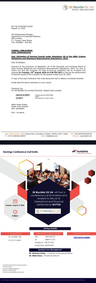 As expected 3B BlackBio has announced its first ever concall. 

It would be interesting to join and listen to management. 

I am more interested in the Coris deal where they got it at a dirt cheap price.