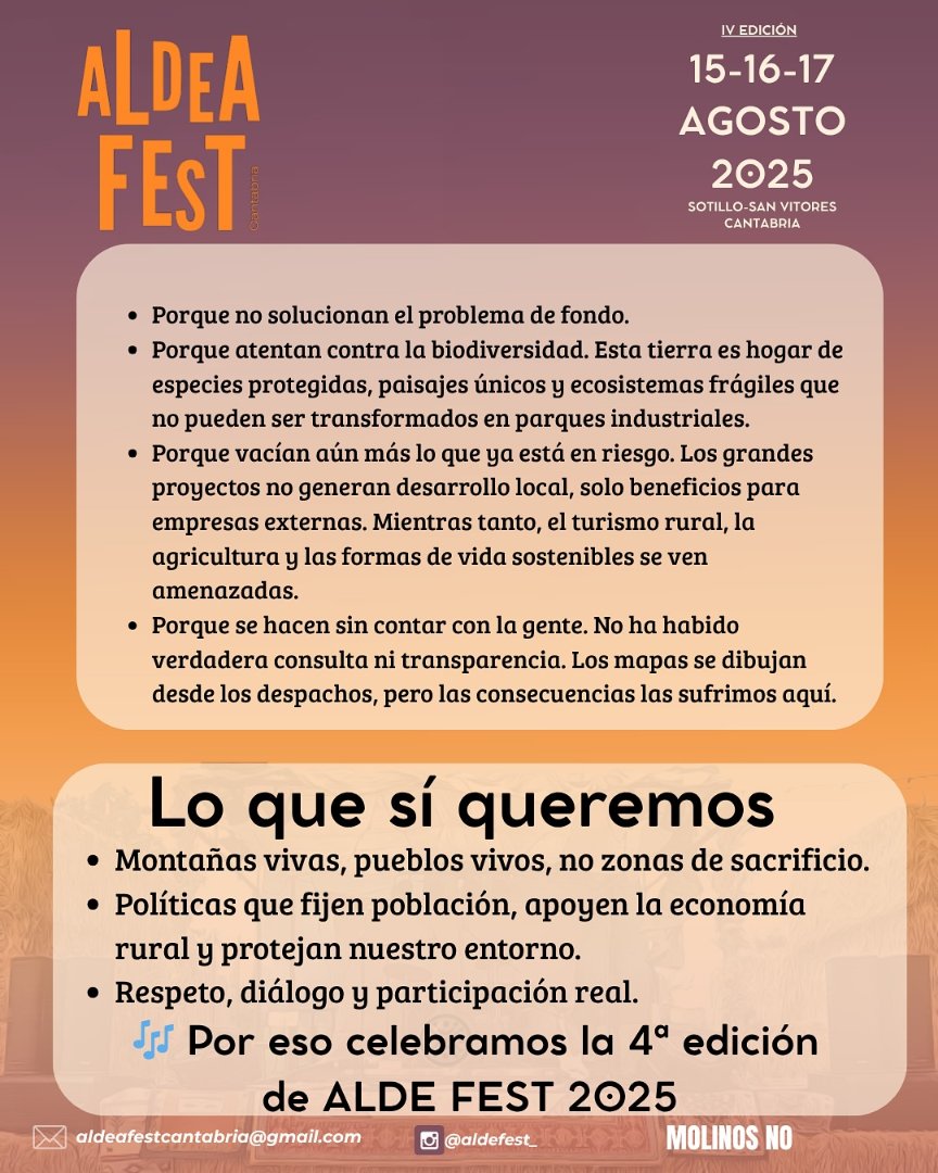 Porque esta lucha no es solo local: es de todas. Porque la solidaridad entre valles nos hace más fuertes. Porque no queremos polígonos eólicos destruyendo las montañas ni nuestras formas de vida,  ni en tu pueblo ni en el mío.  aldeafest.taplink.ws

#MontañasNoPolígonos