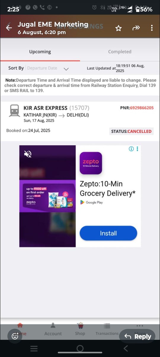 SUBASHV1899's tweet photo. @IRCTCofficial 
@AshwiniVaishnaw 
@indianrailway__ 
@IRCTCTICKE57675 
@myyogioffice
@upgovt9
 दिनांक 01/08/ 2025 को टिकट कैंसिल किया था आज तक पैसा रिफंड नहीं आया कृपा करके पैसा रिफंड करने की कृपा करे https://t.co/uJu1RhXpjb