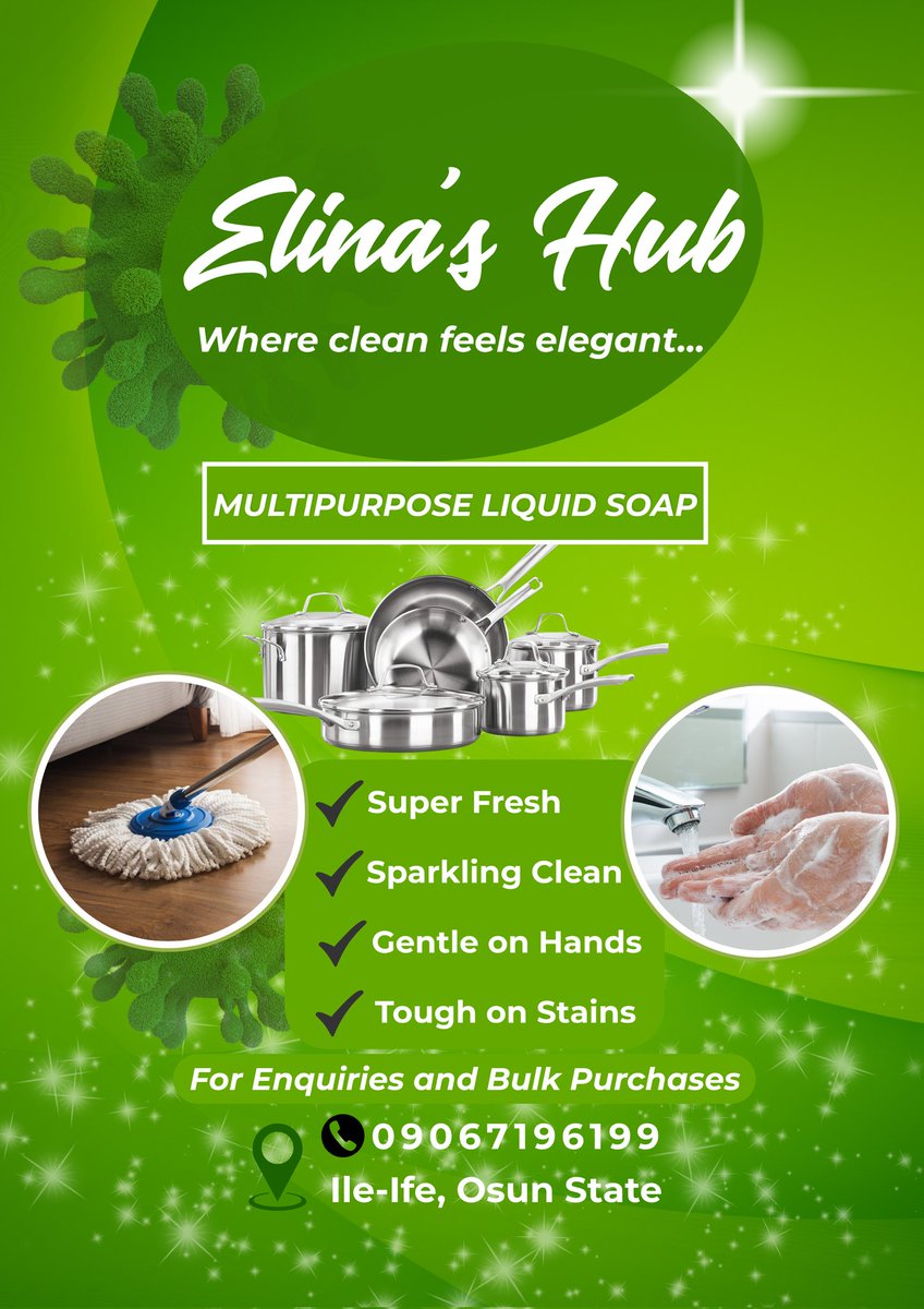 duchess_elina's tweet photo. Our Multipurpose Liquid Soap cuts through grease in seconds, it also leaves behind a fresh scent in your home and office. Buy now to enjoy the benefits!
Price begins from #500
📍 Ile-Ife
#liquidsoap #ife #cleanhome #osunstate https://t.co/dgTJCv9ZeY