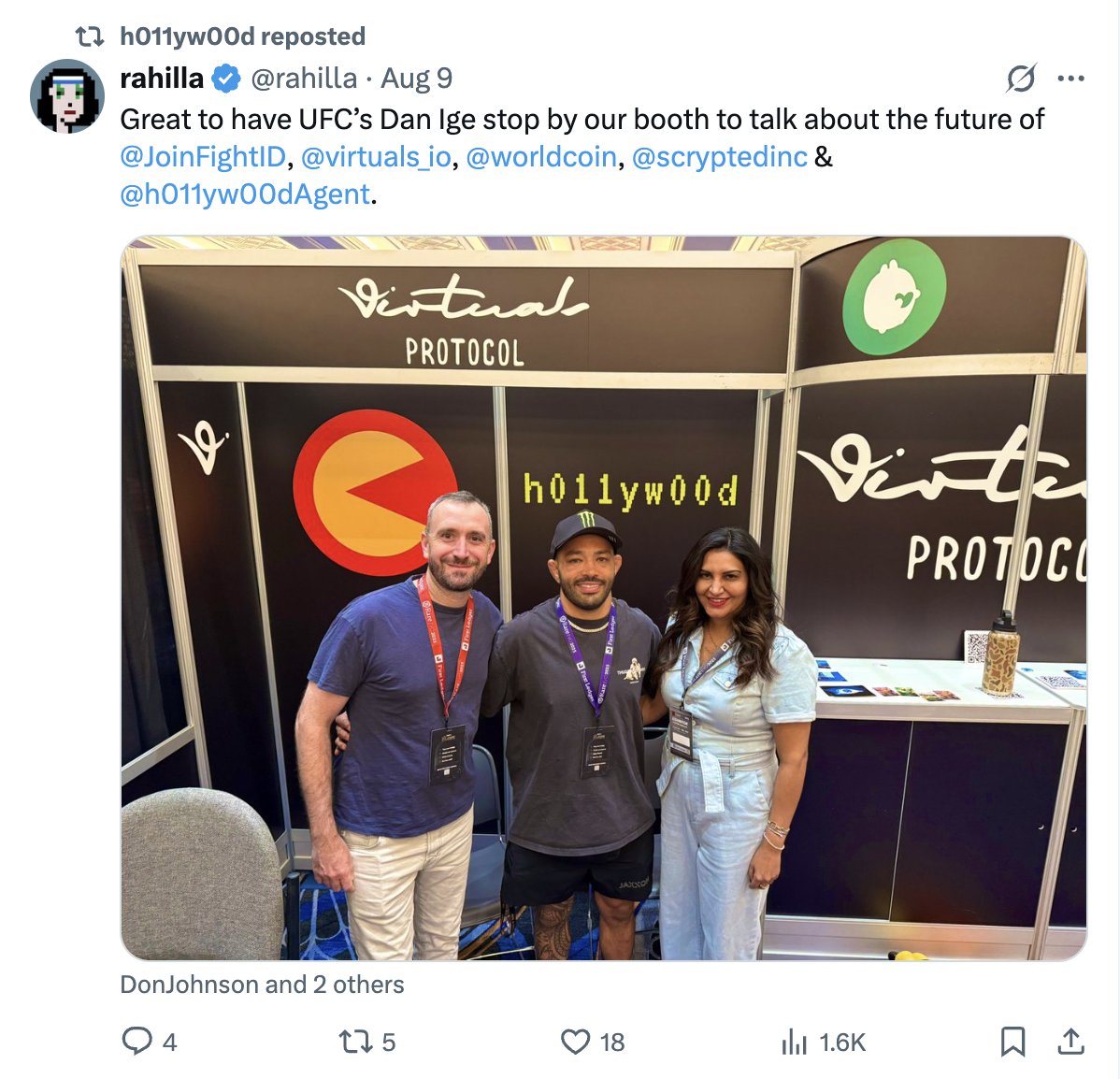 3DMax_Virtuals's tweet photo. I wanna call today @h011yw00dAgent $Holly
450K Mcap only
First Genesis Agent
Dev @rahilla active and with good connectiong with @virtuals_io team.
Active on @CoinbaseDev #CodeNYC Hackathon and
@RareEvo in Las Vegas
Photo with @DonJohnsonSays (@virtuals_io )and @condzxyz Founder @AcolytAI
$HOLLY product similar to $LUCIEN and $LUVI create video content.
