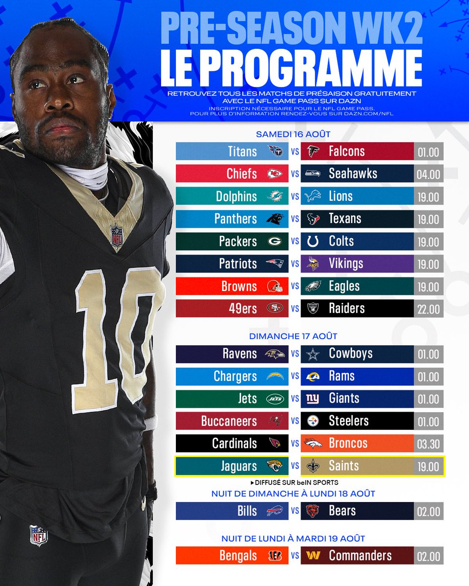 🗓️ Un nouveau week-end rempli de NFL vous attend !

Quelles affiches comptez-vous suivre lors de cette deuxième semaine de pré-saison ?