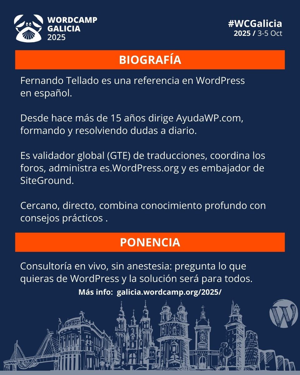 WCGalicia's tweet image. Referente de WordPress en español y alma de AyudaWP desde hace más de 15 años. GTE, coordina foros y admin de es.WordPress.org; comparte soluciones claras y prácticas.

🙎🏻‍♂️@fernandot

🎟 galicia.wordcamp.org/2025/entradas/

🦀 #WCGalicia
📆 3 al 5 de octubre

#Ponentes #Galicia