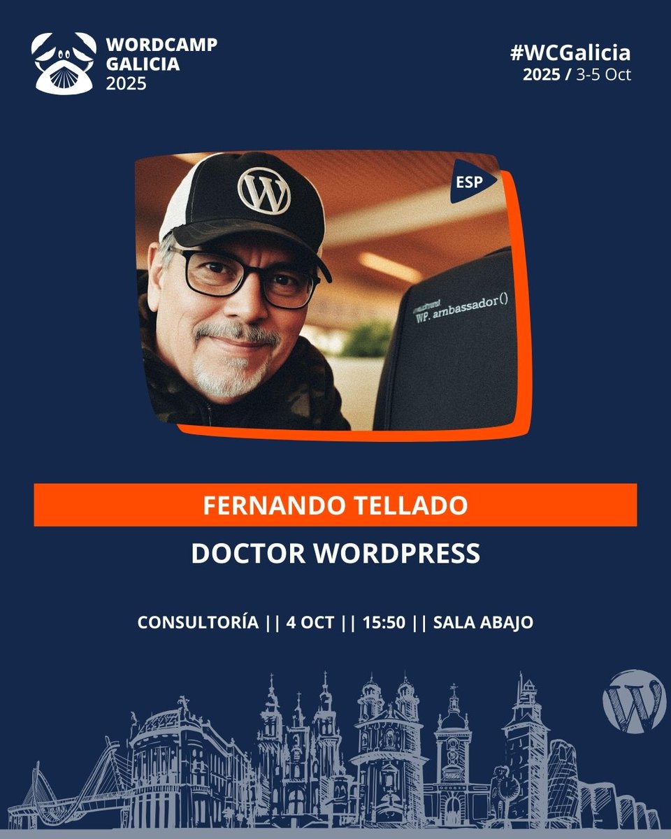 WCGalicia's tweet image. Referente de WordPress en español y alma de AyudaWP desde hace más de 15 años. GTE, coordina foros y admin de es.WordPress.org; comparte soluciones claras y prácticas.

🙎🏻‍♂️@fernandot

🎟 galicia.wordcamp.org/2025/entradas/

🦀 #WCGalicia
📆 3 al 5 de octubre

#Ponentes #Galicia
