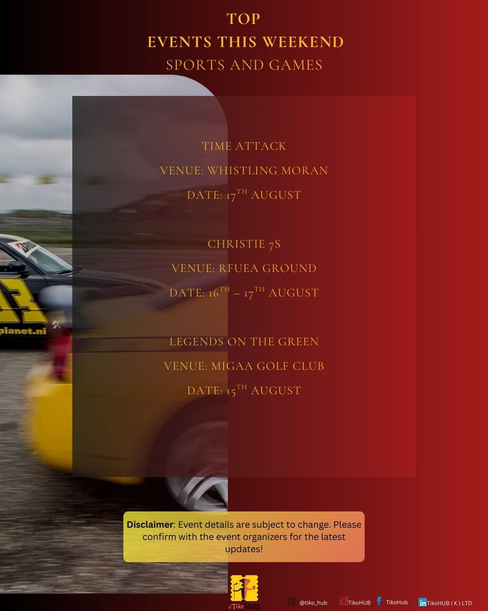 tiko_hub's tweet photo. Top Events in Nairobi and it's environs this weekend. From theater, sports to entertainment, the list is sifted for you!
#EventsKE
#nairobifocus https://t.co/ECTzdgDcIN