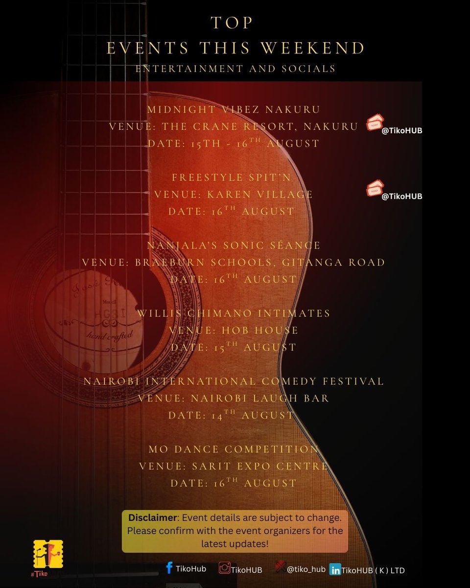 tiko_hub's tweet photo. Top Events in Nairobi and it's environs this weekend. From theater, sports to entertainment, the list is sifted for you!
#EventsKE
#nairobifocus https://t.co/ECTzdgDcIN