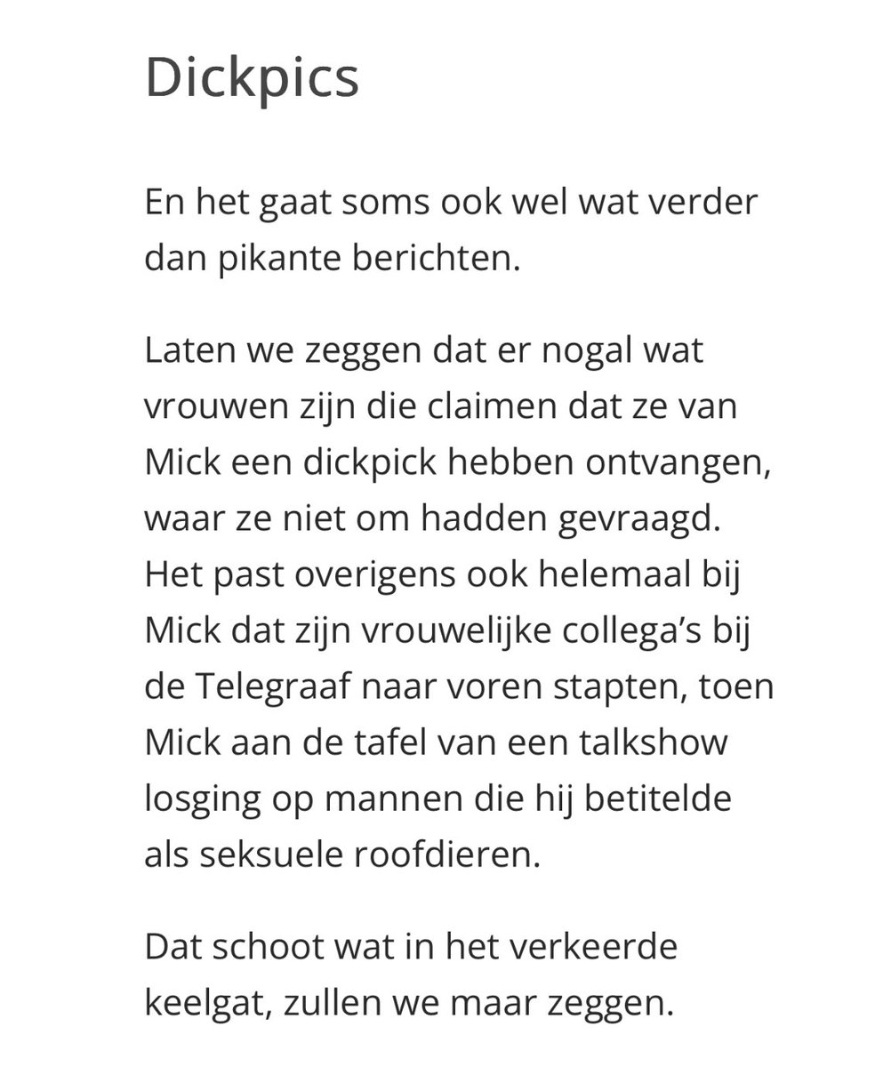 SarahMya2000's tweet photo. Dickpics Mick van Wely

“En het gaat soms ook wel wat verder dan pikante berichten. Laten we zeggen dat er nogal wat vrouwen zijn die claimen dat ze van Mick een #dickpick hebben ontvangen,waar ze niet om hadden gevraagd.”

#MickVanWely #VanWely #Telegraaf #DeTelegraaf #DickPics https://t.co/YppJY1zrsG