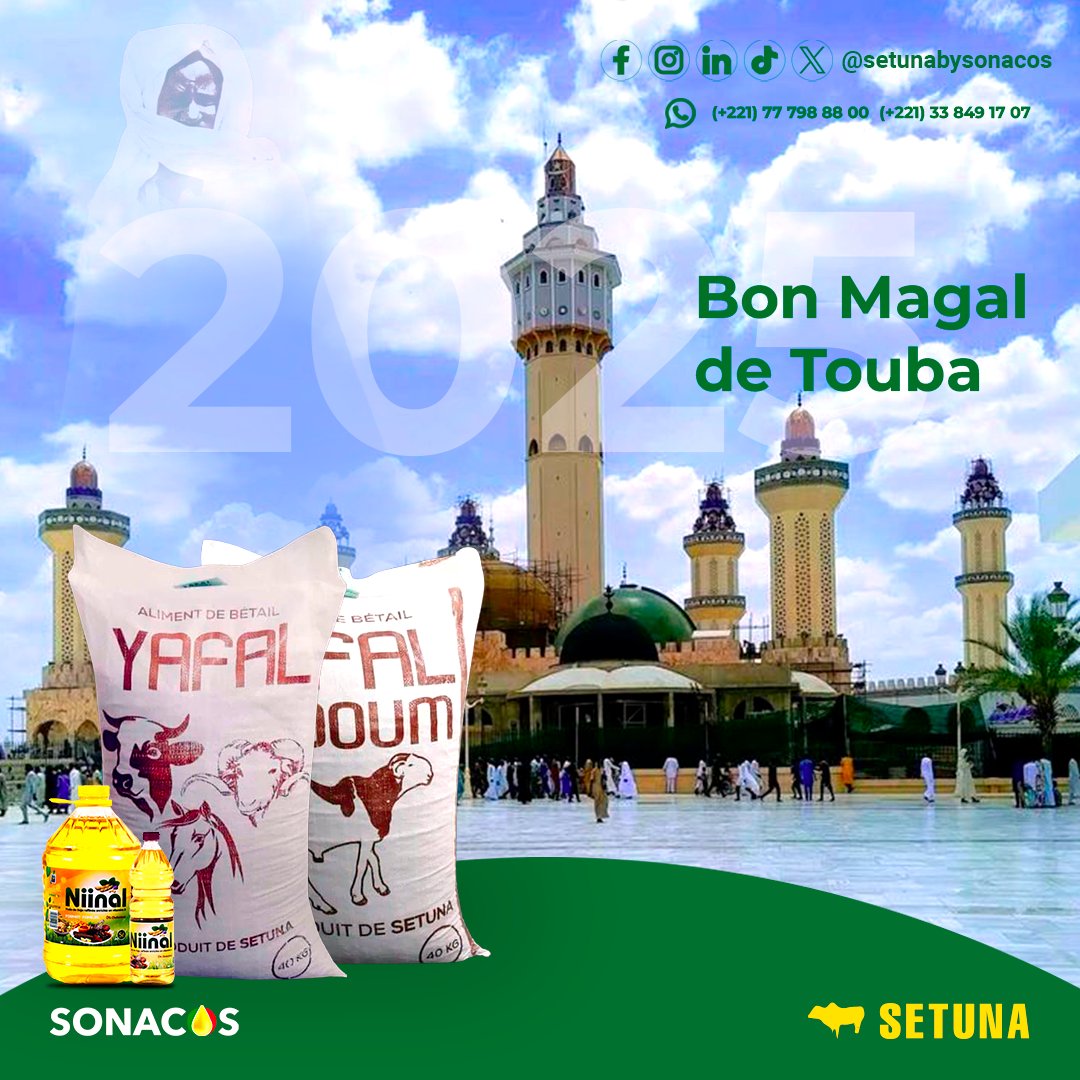 setunabysonacos's tweet photo. Bon #MagalTouba2025 !
Yafal &amp; Yafal Ladoum : pour un bétail robuste
Huile Niinal : pour des repas délicieux
Paix, prospérité et bénédictions à tous 💛 https://t.co/h2ZBISxRTn