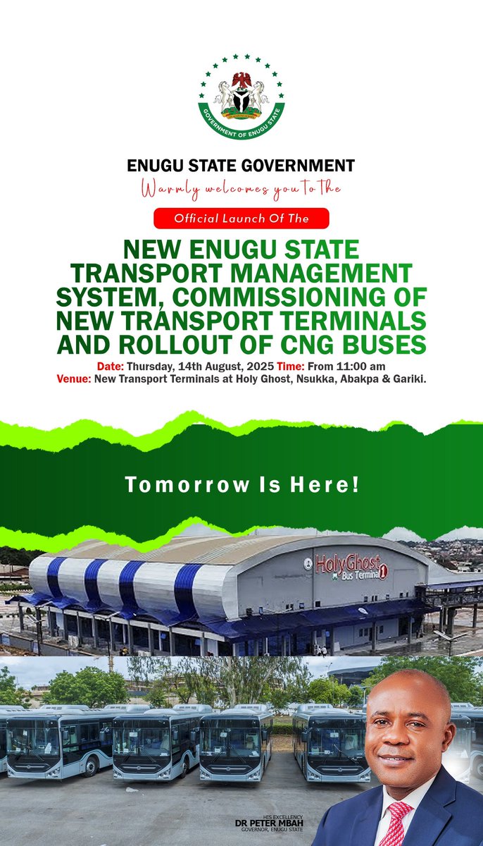 DanNwomeh's tweet photo. Governor Mbah launches the new Enugu State Transport Management System tomorrow 
#EnuguIsRising https://t.co/nHVoJ29loI