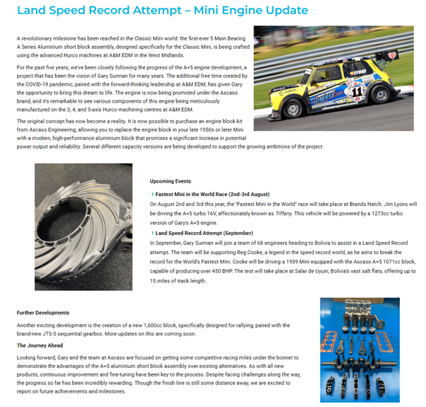 #Hurco news story on classic Mini engine machined by A&amp;M. Land speed record attempt in Bolivia using Ascaso A+5 1071cc #engineblock
hurco.com/gb/about-hurco…
#precisionengineering #Aseries #ukmfg