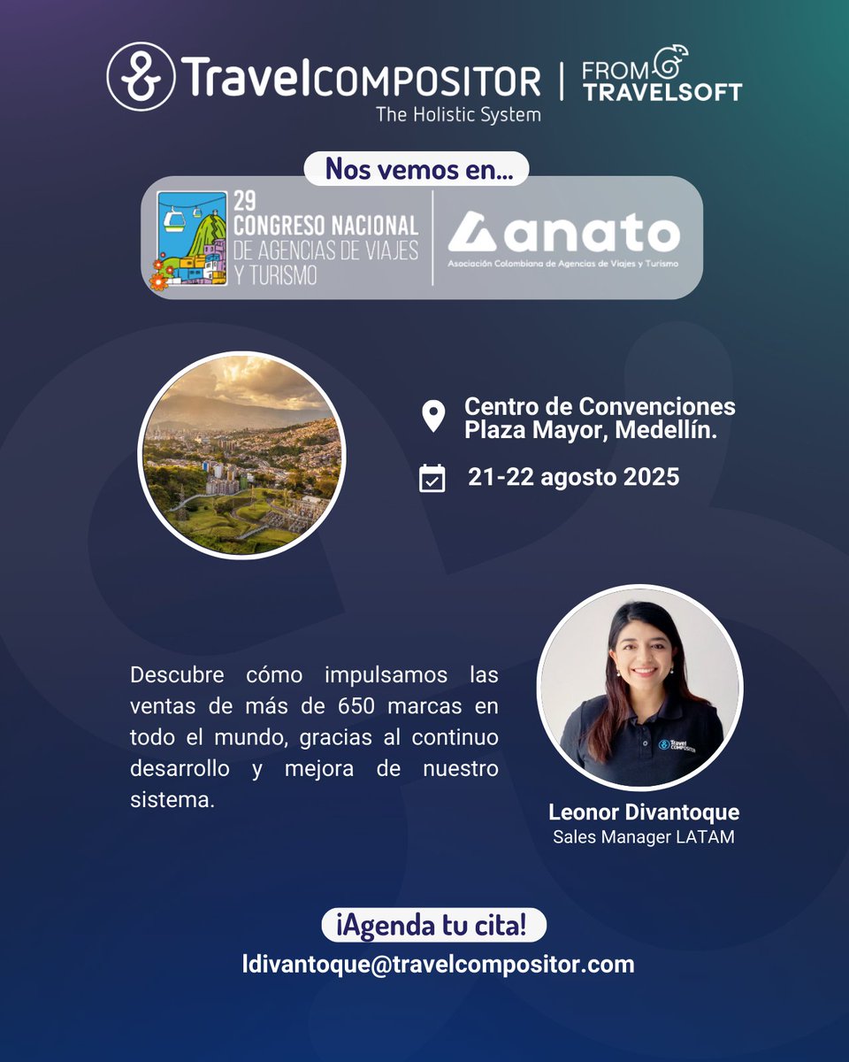 Del 21 al 22 de agosto nuestra compañera Leonor Divantoque asistirá a #CongresoANATO2025 

Agenda tu cita y descubre como nuestras soluciones tecnológicas pueden transformar tu negocio ⬇️ 
ldivantoque@travelcompositor.com    

#Traveltech #Tech4Success