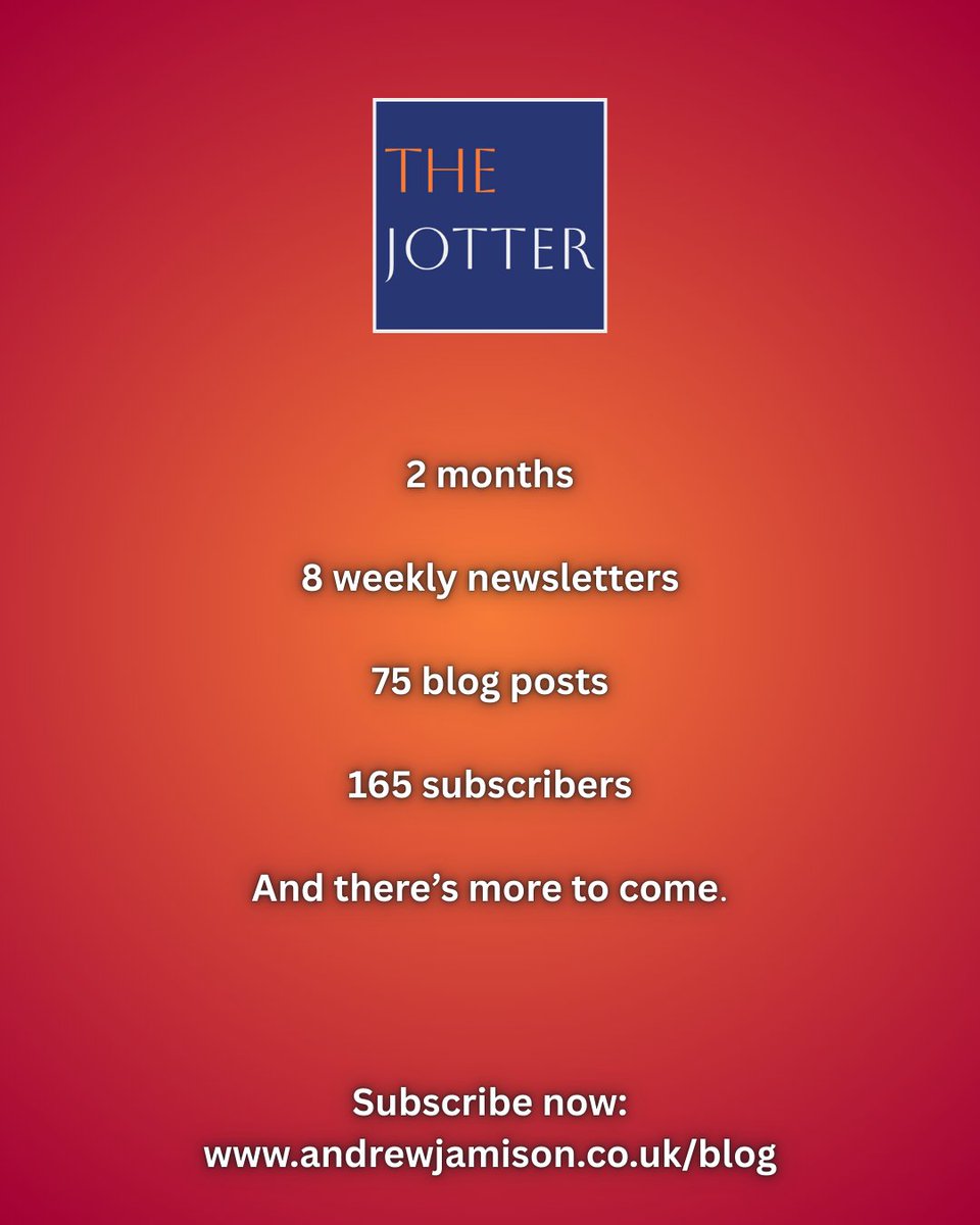 Andrew Jamison (@andrew_jamison) on Twitter photo The Jotter, so far, in a few numbers. 
THANK YOU to subscribers for helping me to get it off the ground.
Subscribe here for all the latest: andrewjamison.co.uk/blog
#thejotter The Jotter, so far, in a few numbers. 
THANK YOU to subscribers for helping me to get it off the ground.
Subscribe here for all the latest: andrewjamison.co.uk/blog
#thejotter