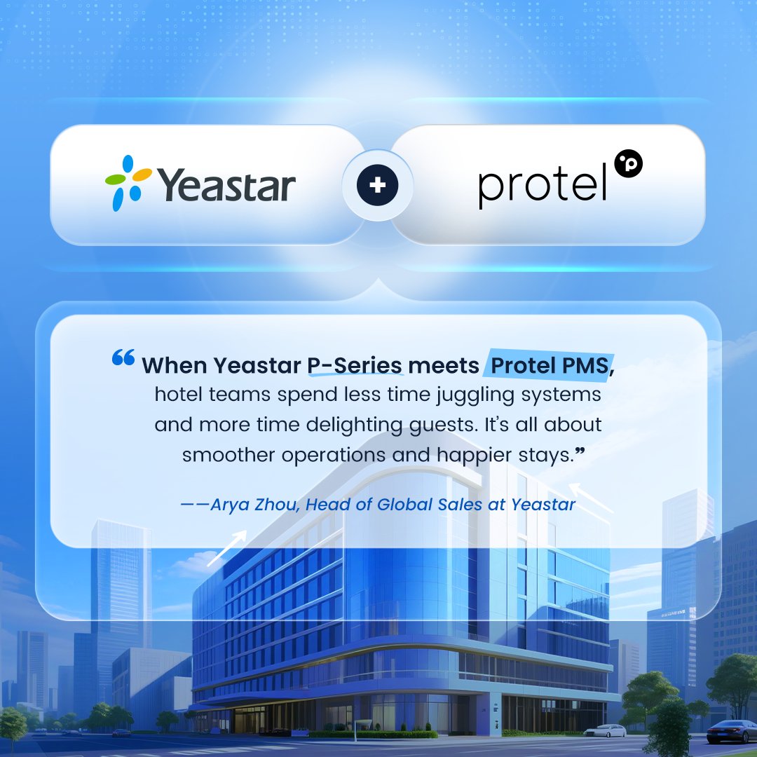 Yeastar × Protel — Certification Achieved🤝

The Yeastar P-Series Phone System is now officially certified with Protel PMS—connecting hotel telephony with day-to-day operations.💫 

 🔗 Explore the setup steps: hubs.ly/Q03CwlQB0 

 #Yeastar #Protel #PMS #Integration
