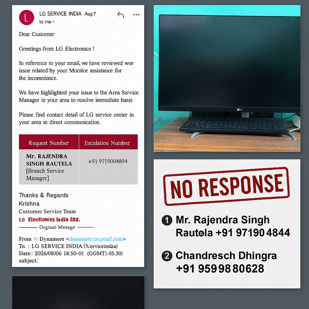 Who_Tabrez's tweet photo. @LGIndia @LGUS @LGE_Global 

Enough with your copy-paste “we are following up” nonsense.

Weeks of false promises, ZERO action, ZERO replacement.

Complaint: RNP250727063739

Escalation: VCP250804003674_01

Contacts you gave:

• Rajendra Singh Rautela – 9719004894, 9599880628 https://t.co/4foQfY0s5y