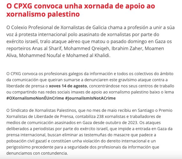 O CPXG chama ao xornalismo galego a unha protesta urxente polo asasinato de periodistas en Gaza

🔴Xoves 14 de agosto

#OXornalismoNonÉUnCrime
#JournalismIsNotACrime