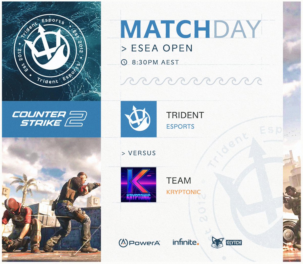#MATCHDAY 

We have an exciting doubleheader tonight with #TridentCS and #TridentStorm competing. 

First, #TridentCS will face off against #Kryptonic, Can they close this one out in style. I don't think my heart can take 30 rounds again.

⏰8:30PM AEST
📺TBA