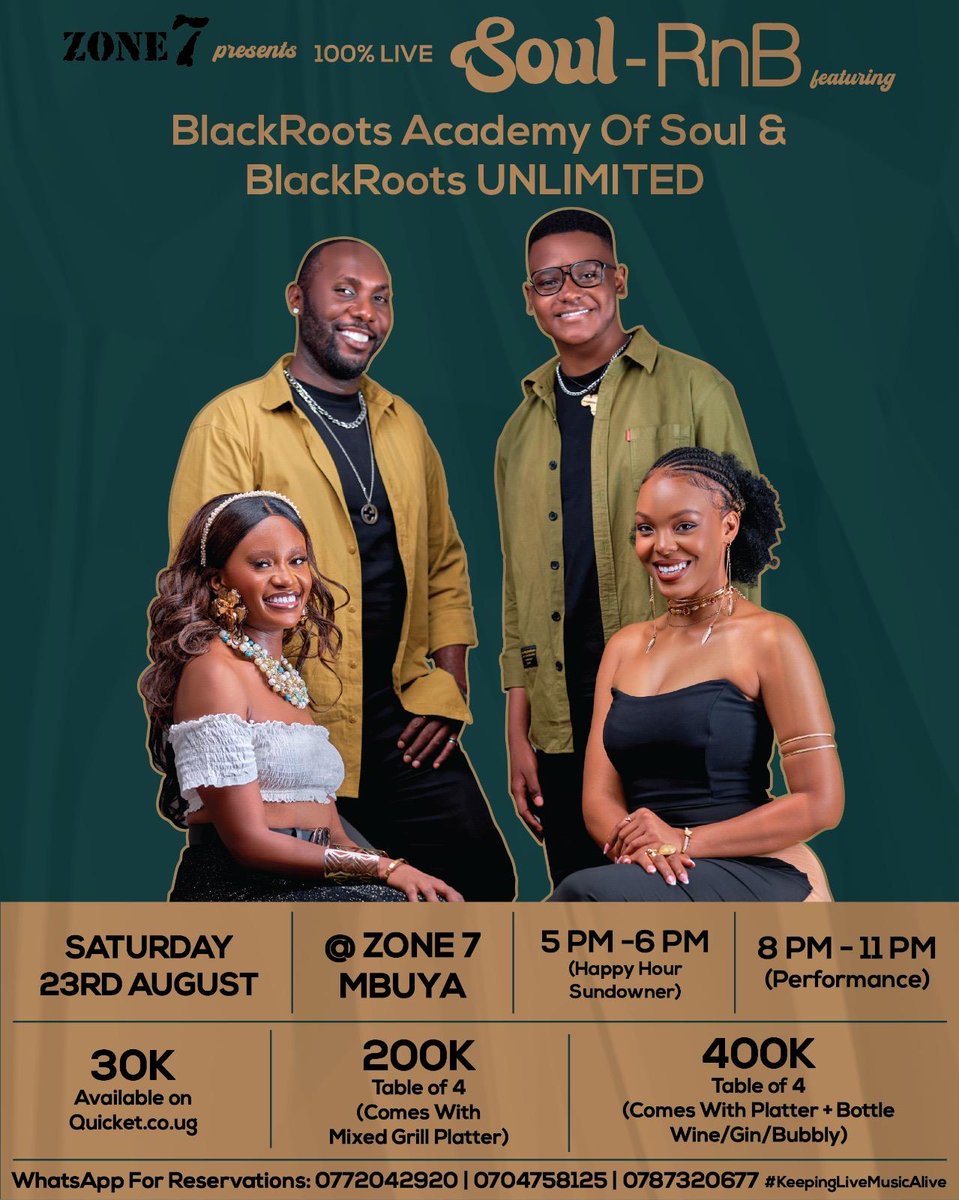 QuicketUG's tweet photo. Vibes, vocals & pure Soul β¨πΆ
BlackRoots Academy of Soul & BlackRoots UNLIMITED β Live at Zone 7, Mbuya
π 23rd Aug | π From 30K | π· Happy Hour 5β6 PM | π€ 8β11 PM
π« Tickets π Link in bio
#SoulRnB #LiveMusicUG #QuicketUg https://t.co/9Cbnr7X5Mk