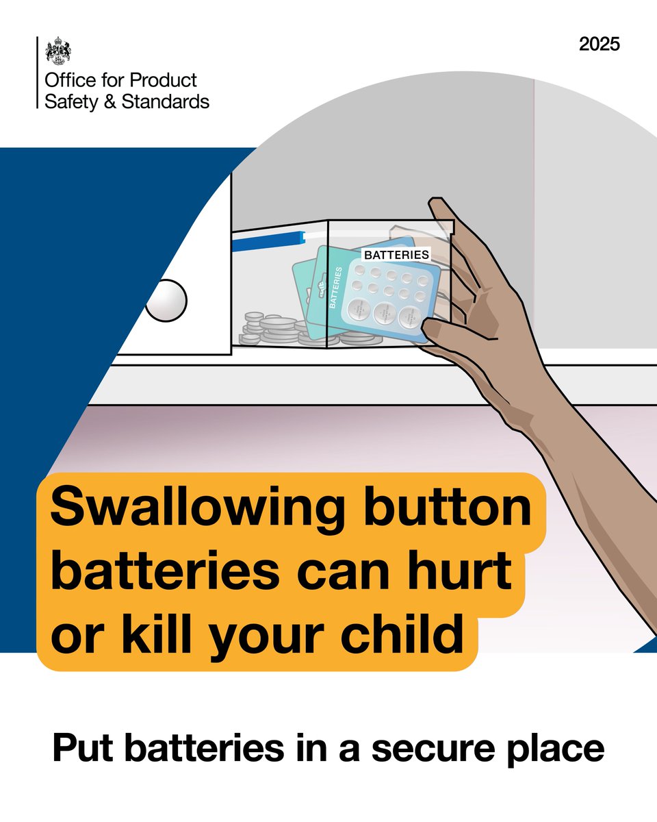 OfficeforSandS's tweet image. ️⚠️Swallowing button batteries can hurt or kill your child.  
🔒Always store batteries in a secure place. 
🔋Even small batteries can cause serious injuries.
For more information visit: 
🔗 gov.uk/guidance/child…

#SmallHazardsBigHarm #ButtonBatterySafety