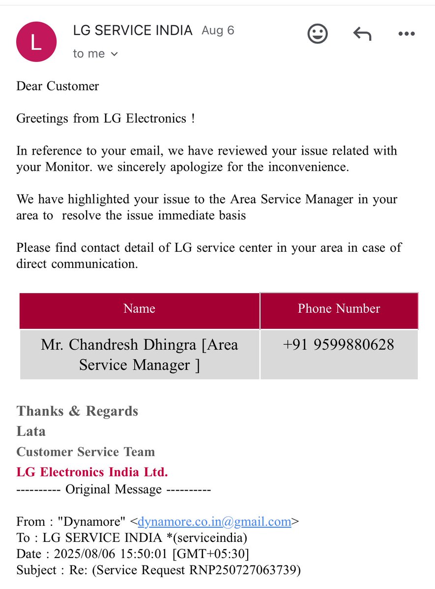 Who_Tabrez's tweet photo. @LGIndia @LGUS @LGE_Global 

Enough with your copy-paste “we are following up” nonsense.

Weeks of false promises, ZERO action, ZERO replacement.

Complaint: RNP250727063739

Escalation: VCP250804003674_01

Contacts you gave:

• Rajendra Singh Rautela – 9719004894, 9599880628 https://t.co/KrUuHrCMmR