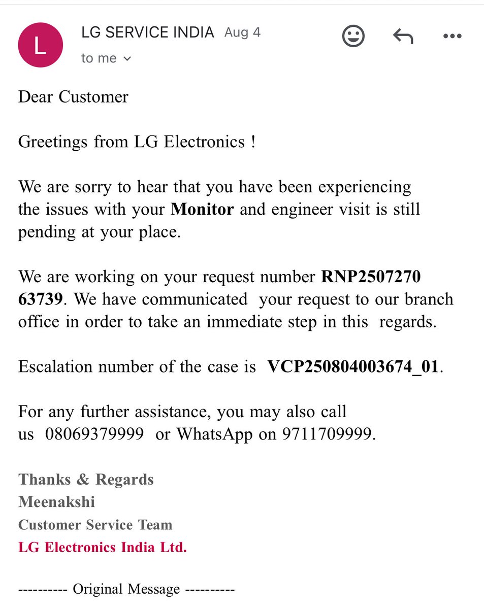 Who_Tabrez's tweet photo. @LGIndia @LGUS @LGE_Global 

Enough with your copy-paste “we are following up” nonsense.

Weeks of false promises, ZERO action, ZERO replacement.

Complaint: RNP250727063739

Escalation: VCP250804003674_01

Contacts you gave:

• Rajendra Singh Rautela – 9719004894, 9599880628 https://t.co/KrUuHrCMmR