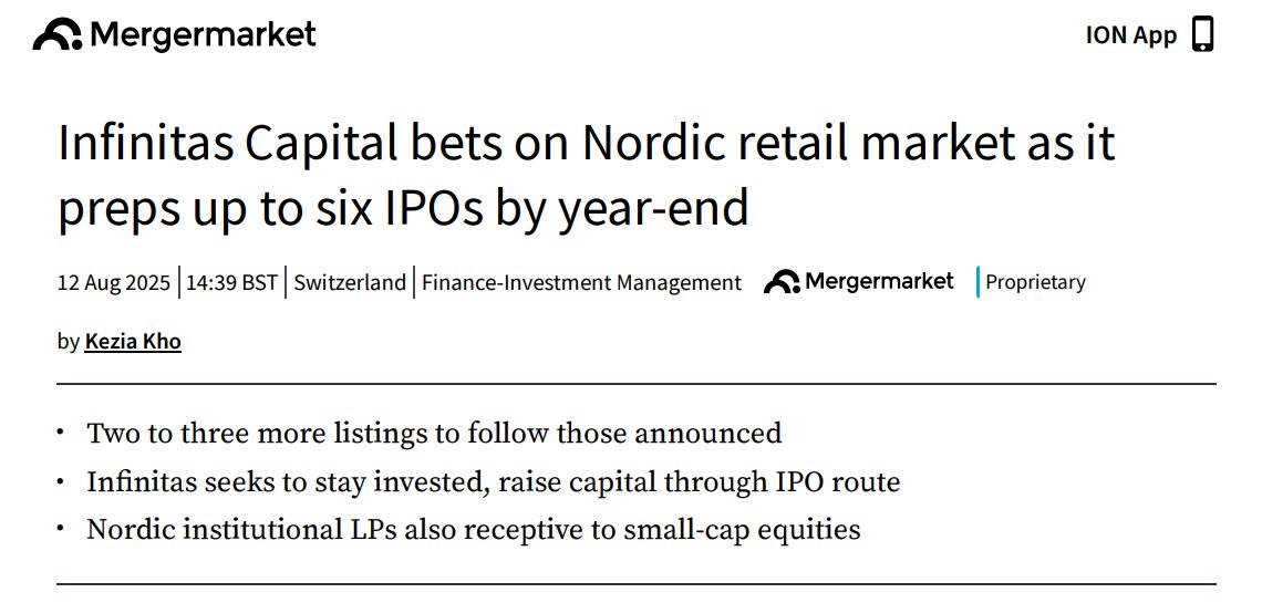 Great to speak with <a href="/Mergermarket/">Mergermarket</a> about our IPO strategy for the Nordics - and how recent investments like <a href="/SaintSass/">Shelley St. Germaine</a> by <a href="/VivienWysocki/">Vivien Wysocki</a> and <a href="/LarissaSchmid/">Larissa Schmid</a> fit our focus on tangible businesses that enhance how we express and connect.

mergermarket.ionanalytics.com/content/100433…