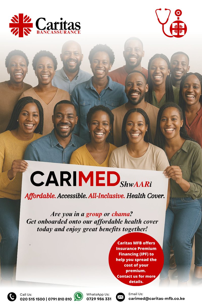 Are you in a group or chama?

Join our affordable #CARIMEDShwAARi health cover today and enjoy great benefits together.

Bringing quality healthcare to every Kenyan.

👉 Learn more: caritas-mfb.co.ke/carimed-shwaar…

#CARIMEDShwAARi #HealthCover #SafeguardYourHealth #CaritasAt10