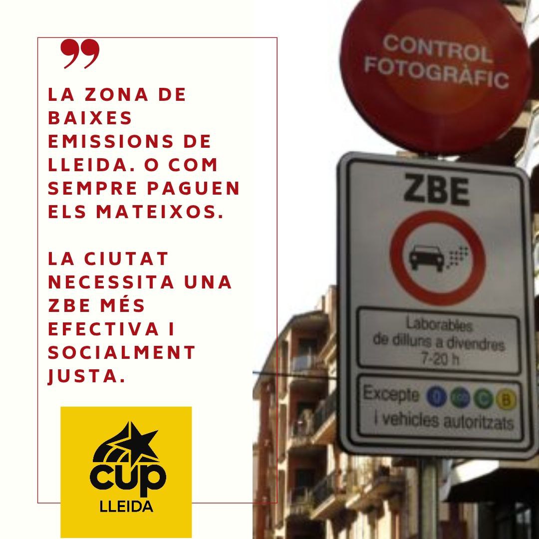 🟡 La ZBE de Lleida és socialment injusta, perquè castiga qui té menys capacitat de triar o adaptar-se

🟡 És insuficient perquè no l'acompanyen mesures que transformin el model actual de mobilitat, centrat en el vehicle privat

📄 Posicionament: lleida.cup.cat/noticia/la-zon… i fil 👇