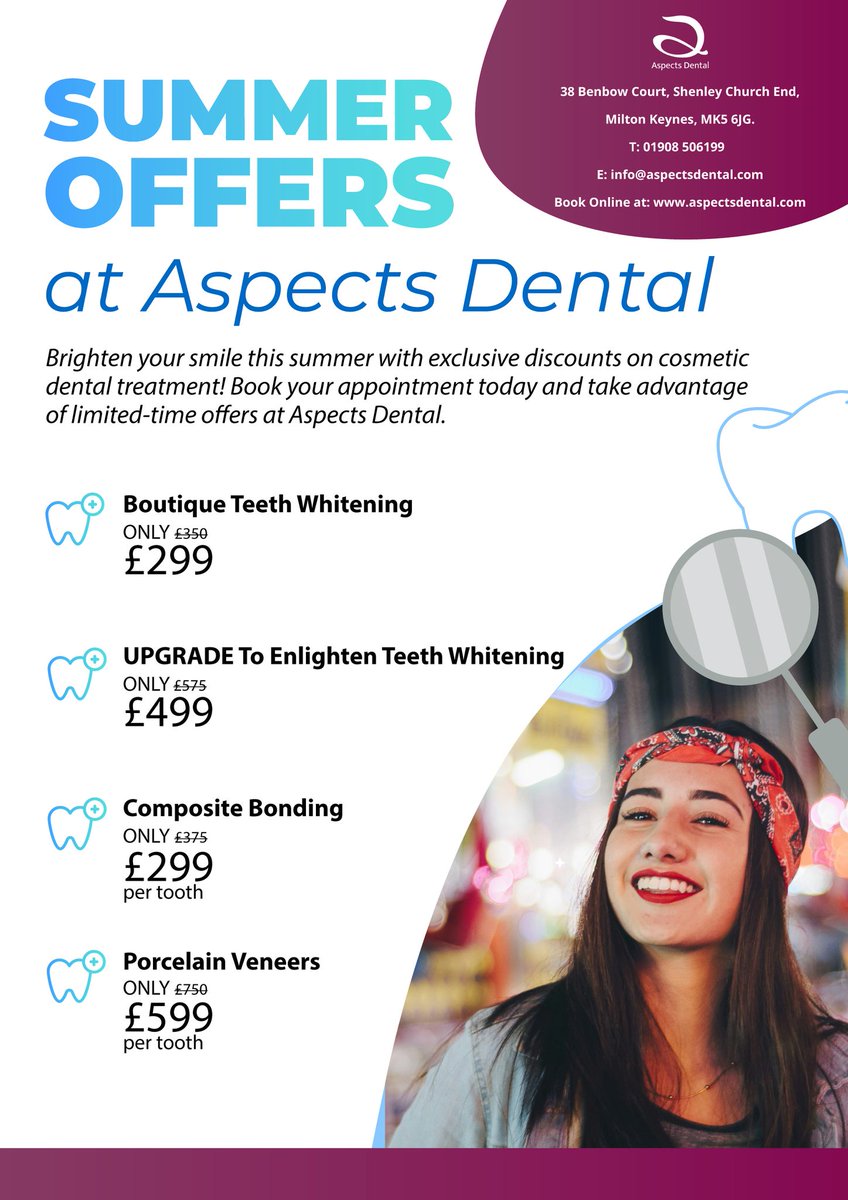 ✨ Brighten your smile this summer! 😁

Cosmetic Dentistry Discounts now available at Aspects Dental, Milton Keynes 🦷

📲 Book Online: aspectsdental.com/book-online/

📰 Read More: aspectsdental.com/dental-news/mi…

#CosmeticDentist #MiltonKeynes #DentalDeals