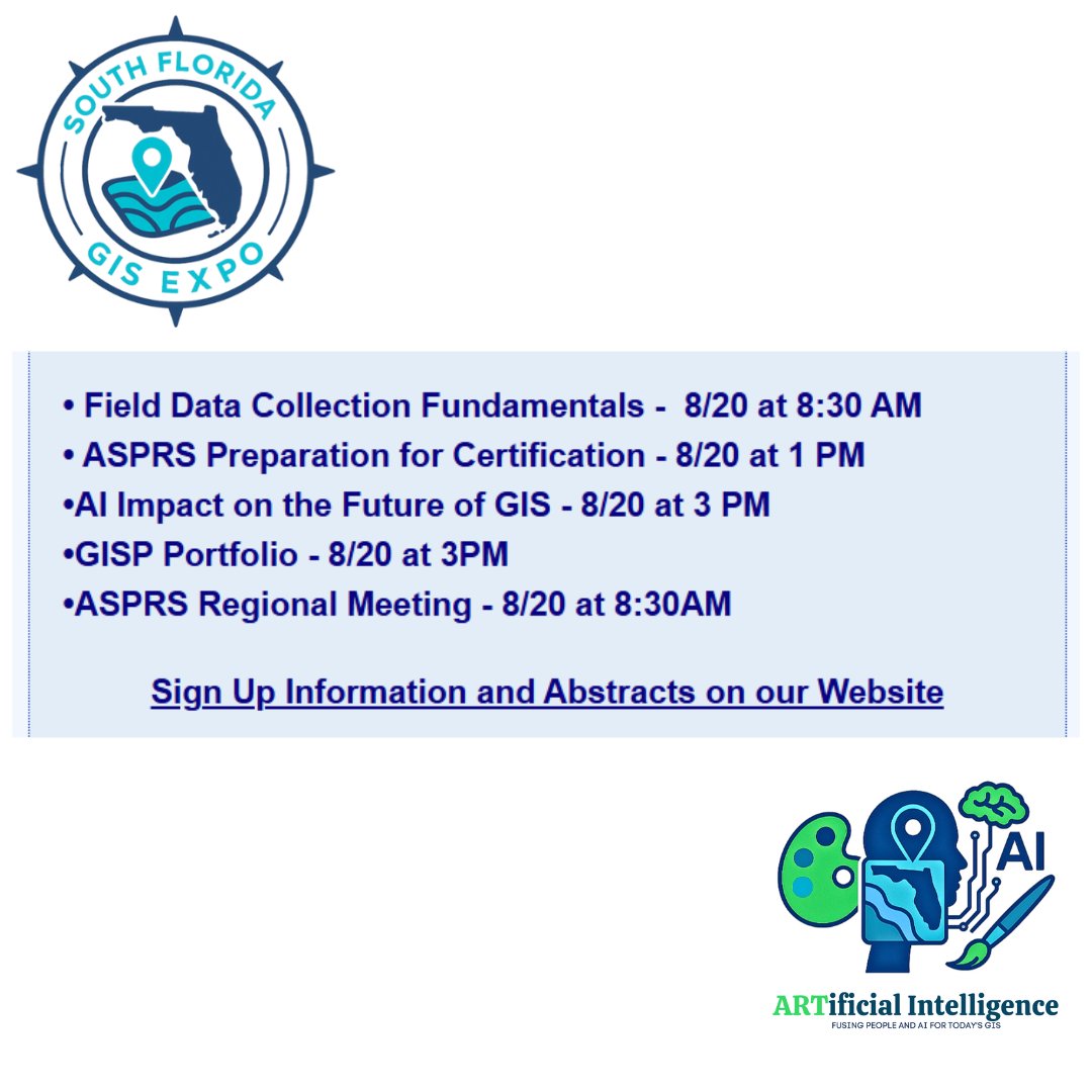 Join us Wednesday, August 20th, for a variety of workshops and courses. Visit our website for sign-up information and abstracts.

…a-gis-expo-pbcgisforum.hub.arcgis.com...
.
#GIS #PBCGISForum #SFGISExpo