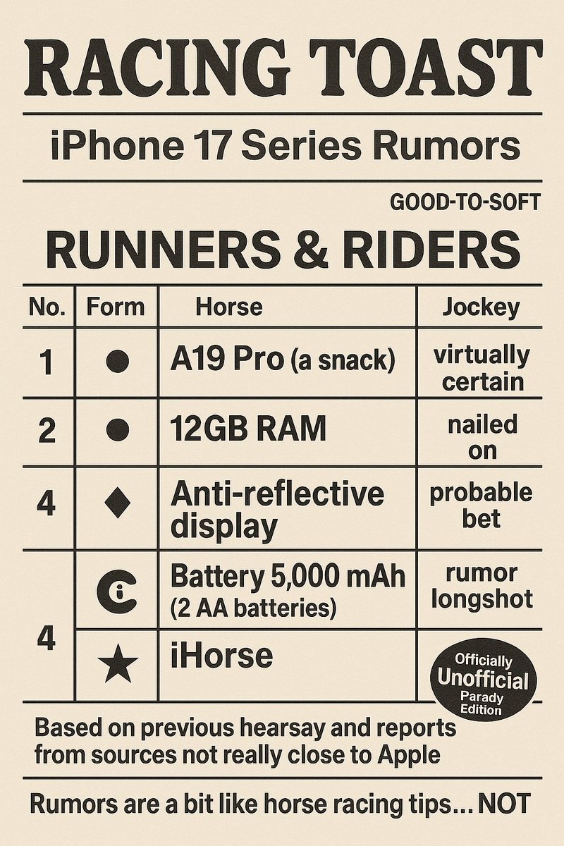 Shiba_security's tweet photo. RACING TOAST – iPhone 17 Series Rumors
馬場状態：GOOD-TO-SOFT
公式非公式パロディ版🐎📱

Rumors are a bit like horse racing tips… NOT SURE #知らんけど #NotSure https://t.co/MDDIulYpfc