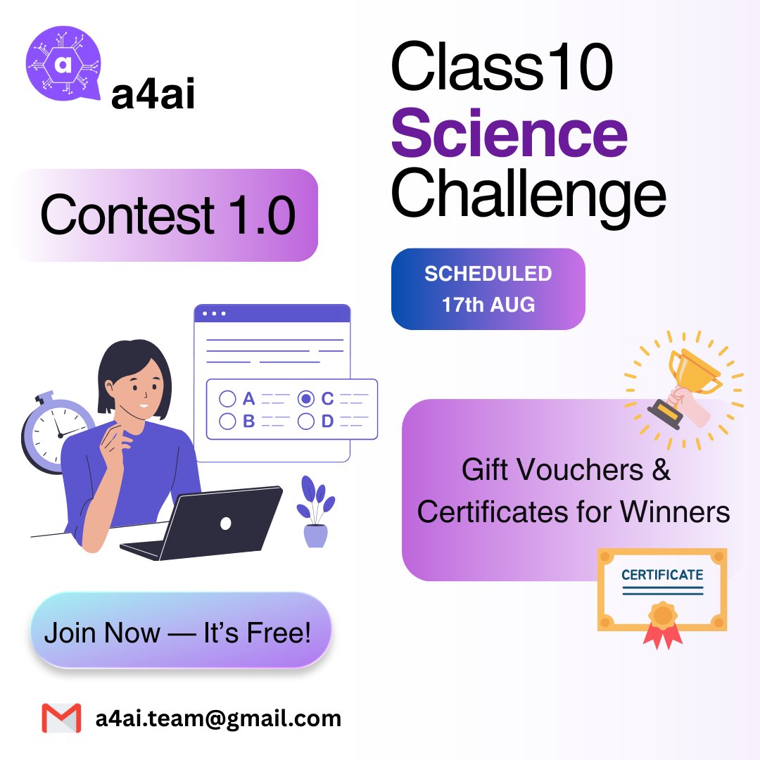a4aiOfficial's tweet photo. 🎯 Class 10 Science Challenge — Contest 1.0
📅 17th Aug | 🎁 Gift Vouchers & 🎖 Certificates for Winners
✅ FREE to join!
📩 Register: a4ai.team@gmail.com
#ScienceChallenge #Class10 #a4ai #LiveContest https://t.co/9EtKABMAmO