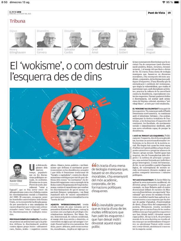 Il y a la caricature ridicule et débile qu’en font l’extrême droite et les réacs mais il y aussi la réalité d’une pensée manichéenne, inquisitrice et moraliste qui détruit la gauche de l’interieur.

Excellent article sur le “wokisme” de <a href="/herodot10/">Xavier Diez 🏴</a> dans <a href="/elpuntavui/">El Punt Avui 🎗️</a>