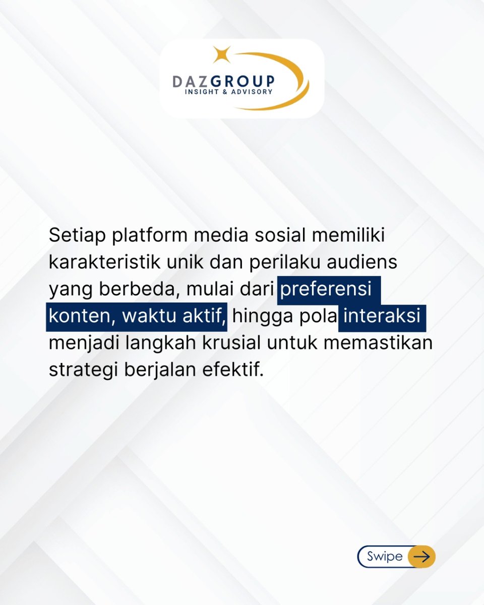 daz_group's tweet photo. Tidak semua platform media sosial bekerja dengan cara yang sama. Memahami perilaku dan ekspektasi audiens adalah langkah pertama untuk memastikan strategi Anda tepat sasaran.

#DAZGroup #StrategyAgilityImpact #InsightfulStrategy #BusinessAgility #PowerfullImpact #GrowTogether https://t.co/Y61GnUtQBn