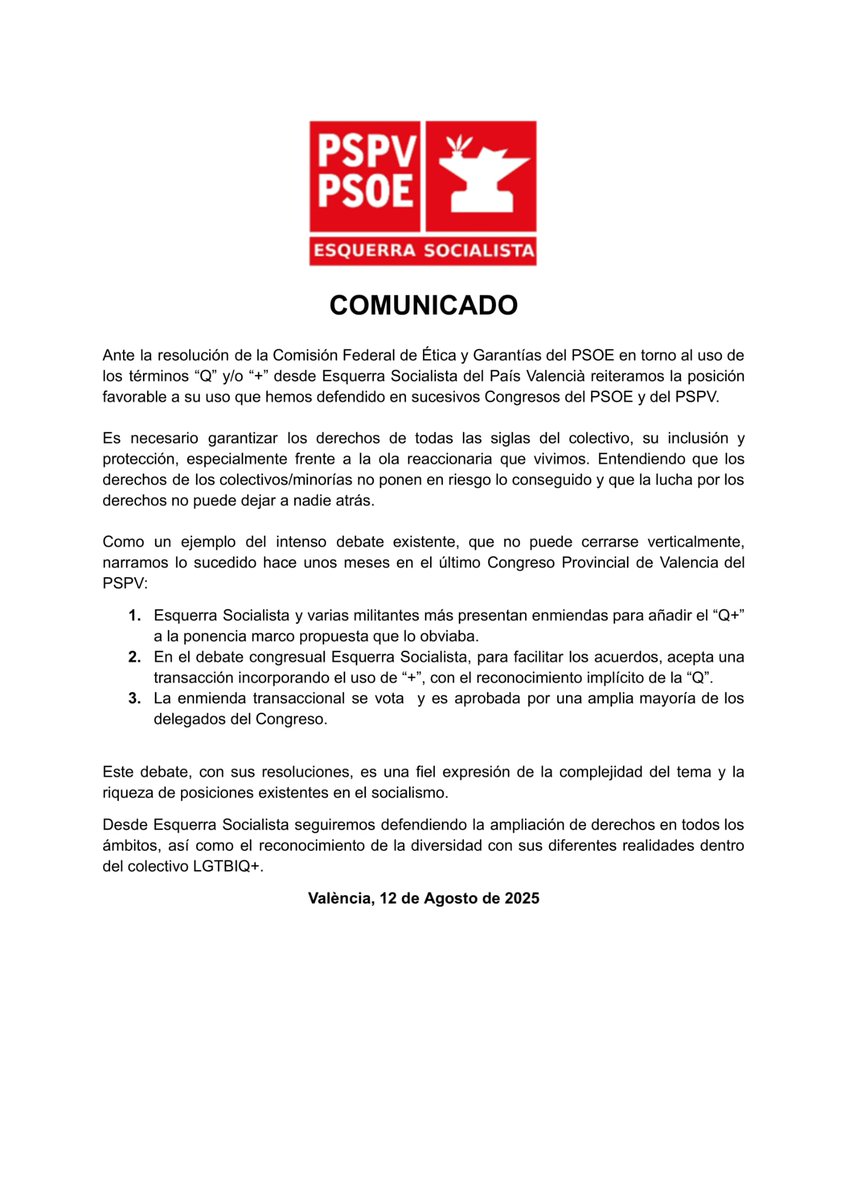 ESPV_PSPV's tweet photo. COMUNICADO SOBRE RESOLUCIÓN RESPECTO AL USO TÉRMINOS LGTBIQ+🏳️🌈🏳️⚧️
#socialismo #socialistas #lgtbiq #lgtbiqplus #lgtbiq+ #Derechos #DerechosHumanos #DerechosLGTBIQ #orgullo #esquerrasocialista #DerechosSociales #Progresismo #PSOE #PSPV #espv #SocialismoDemocratico #colectivos https://t.co/CqW4Hg0E4A