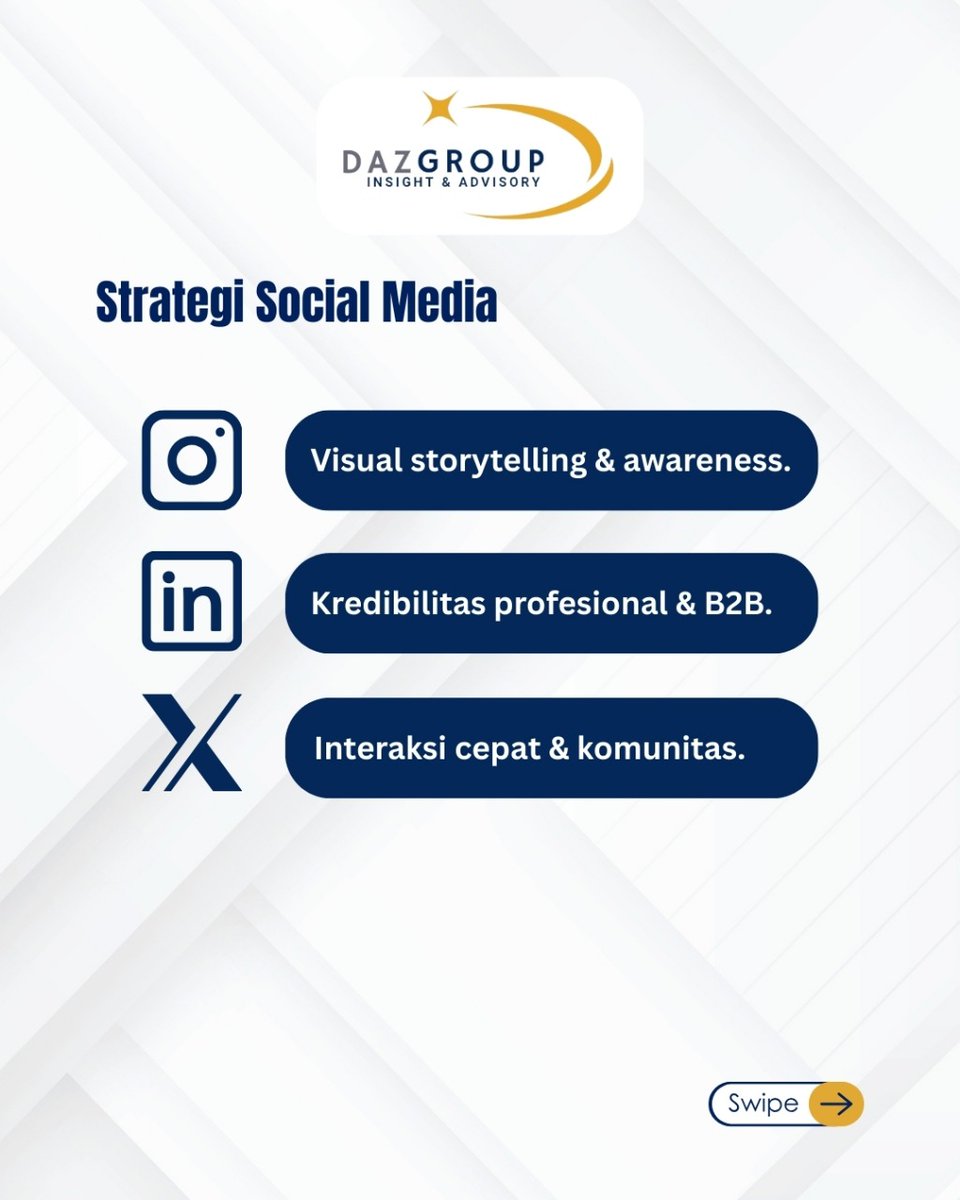 daz_group's tweet photo. Pendekatan berbasis data pada setiap platform bisa menjadi alat yang efektif untuk mencapai tujuan bisnis. 

Kalau Anda harus memilih satu platform utama untuk brand Anda, pilih yang mana?

Tulis dikolom komentar!

#DAZGroup #StrategyAgilityImpact #InsightfulStrategy https://t.co/7saMIbMhcQ